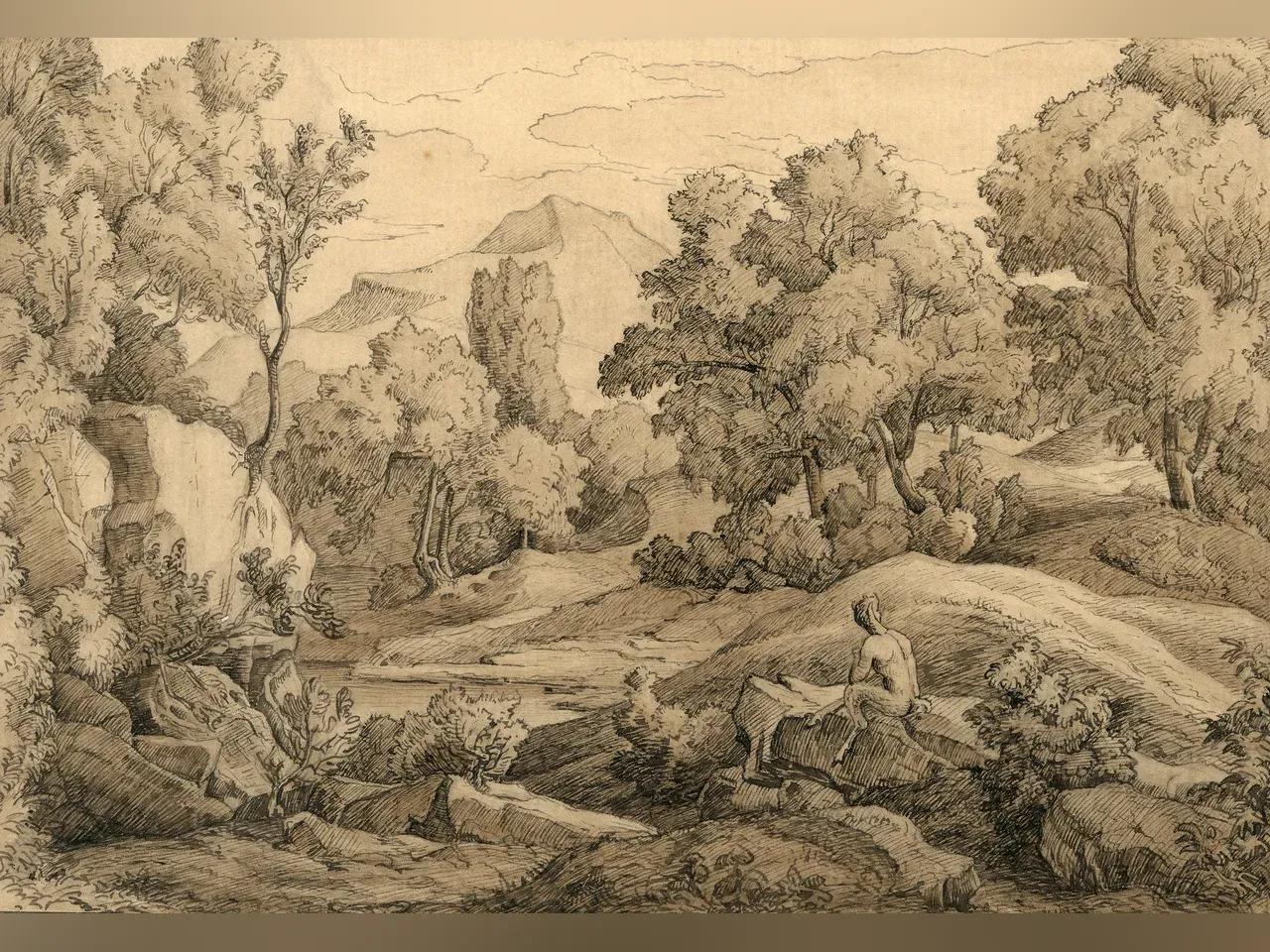 Das Bild zeigt ein Werk des Künstlers Wilhelm Rein. Zu sehen ist eine bewaldete Berglandschaft. Im Vorddergrund sitzt ein Fabelwesen auf einem Felsen. Es handelt sich um eine Gestalt - halb Mensch, halb Ziege. 