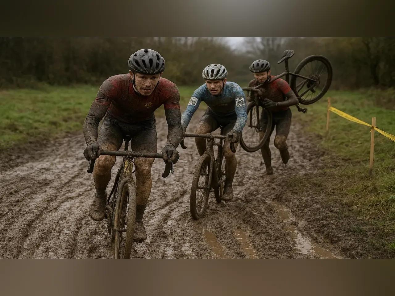 Drei Radfahrer fahren auf abgesperrter Strecke durch den Matsch