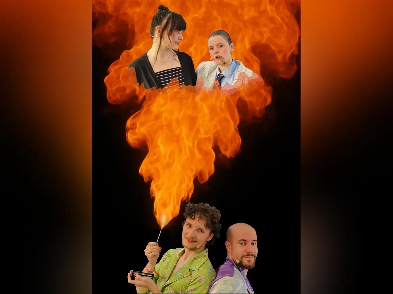 Vier Personen und eine große Flamme