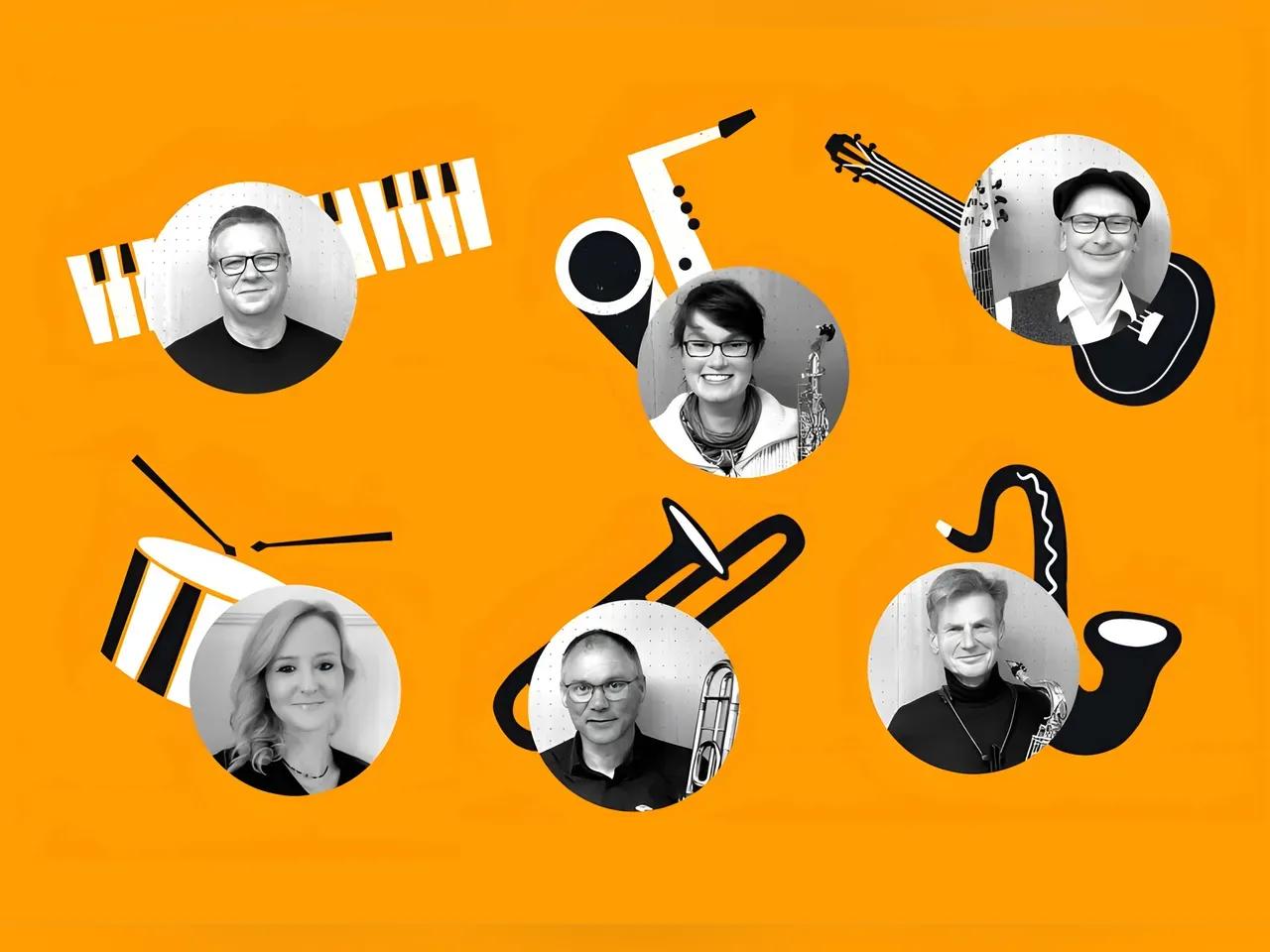 kleine Porträtbilder der Musiker:innen mit Bildern von Instrumenten dahinter