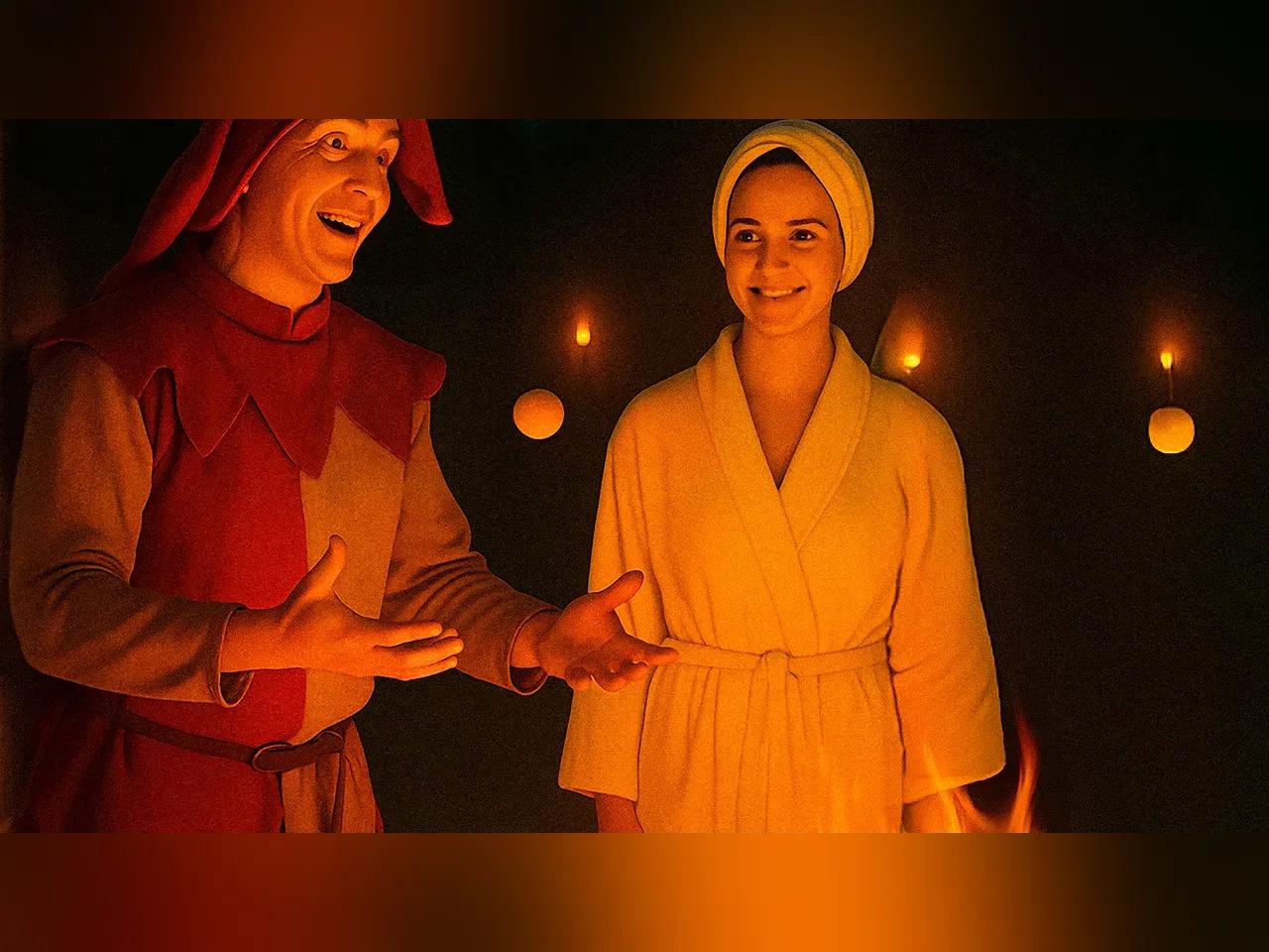 Eine Frau im Bademantel und ein Narr im mittelalterlichen Kostüm