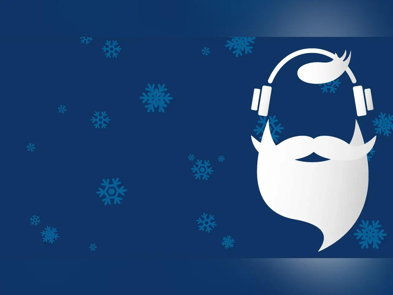 weiße Silhouette von einem Weihnachtsmann mit Kopfhörern vor blauem Hintergrund